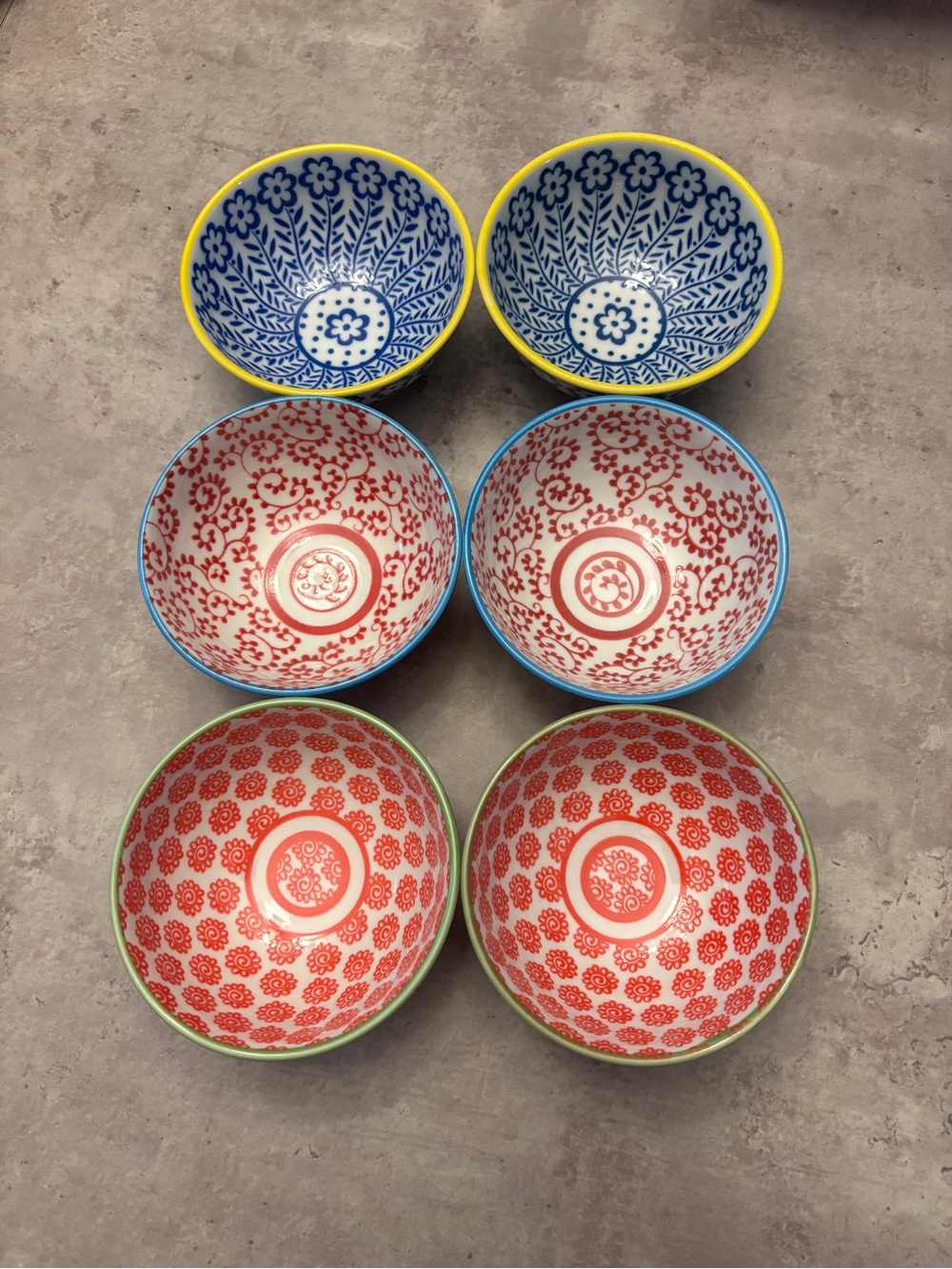Anthropologie Rice Bowls Set of 6 Floral Japanese Style Red Blue Green